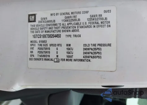 2003 GMC Sonoma Sls from USA, damaged, VIN 1GTCS19X738264450